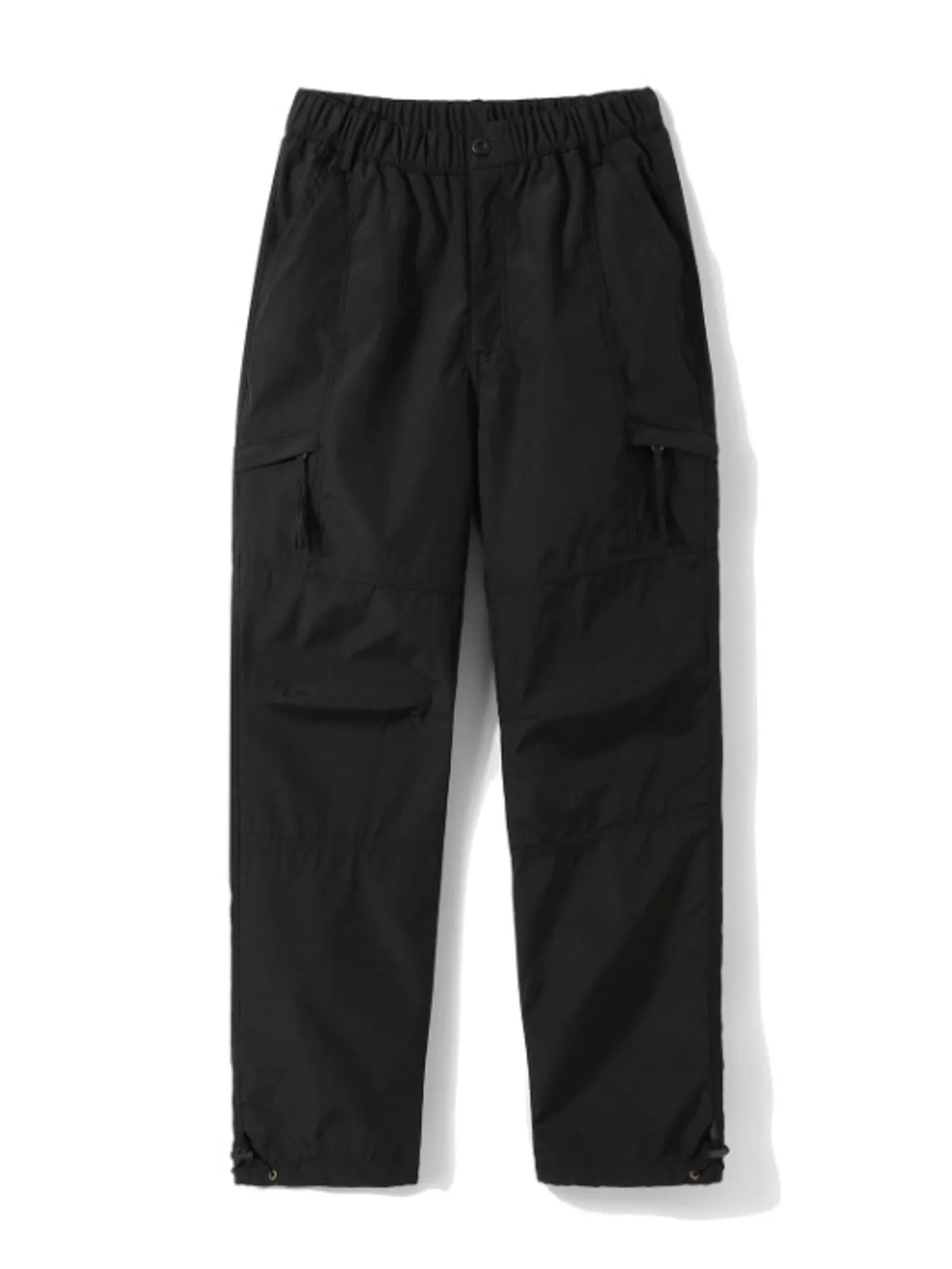 Men's black cargo pants with pockets and a relaxed fit.