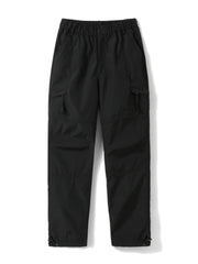 Men's black cargo pants with pockets and a relaxed fit.