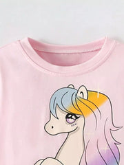 Close-up of blush pink children's t-shirt crew neckline with unicorn head graphic below