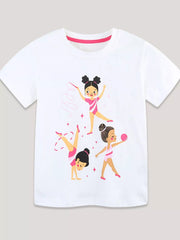 Flat front view of a white children's tee with three pink rhythmic gymnastics illustrations