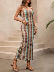 Khaki striped scoop neck bodycon midi dress, angled front view by steps