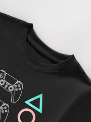 Close view of the black round neckline with the top of the controller and triangle graphics