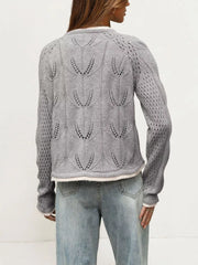 Back view of the gray hollow out knit cardigan with leaf pattern