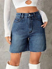 Women's denim shorts with buttons, pockets, and frayed hems.