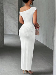 Back view of a white asymmetrical one shoulder ribbed bodycon maxi dress