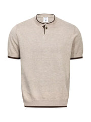 Men's collared short-sleeve knit top with contrast trim in a polyester-spandex blend.
