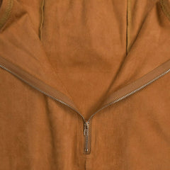 Caramel strapless bodycon dress back close up showing V shaped zipper and suede texture