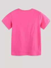 Flat back view of a plain hot pink children's short sleeve tee with round neckline