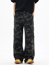 Men's blue camouflage cargo pants with pockets and a relaxed fit.