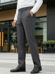 Men's dark gray dress pants with a classic fit and pockets.