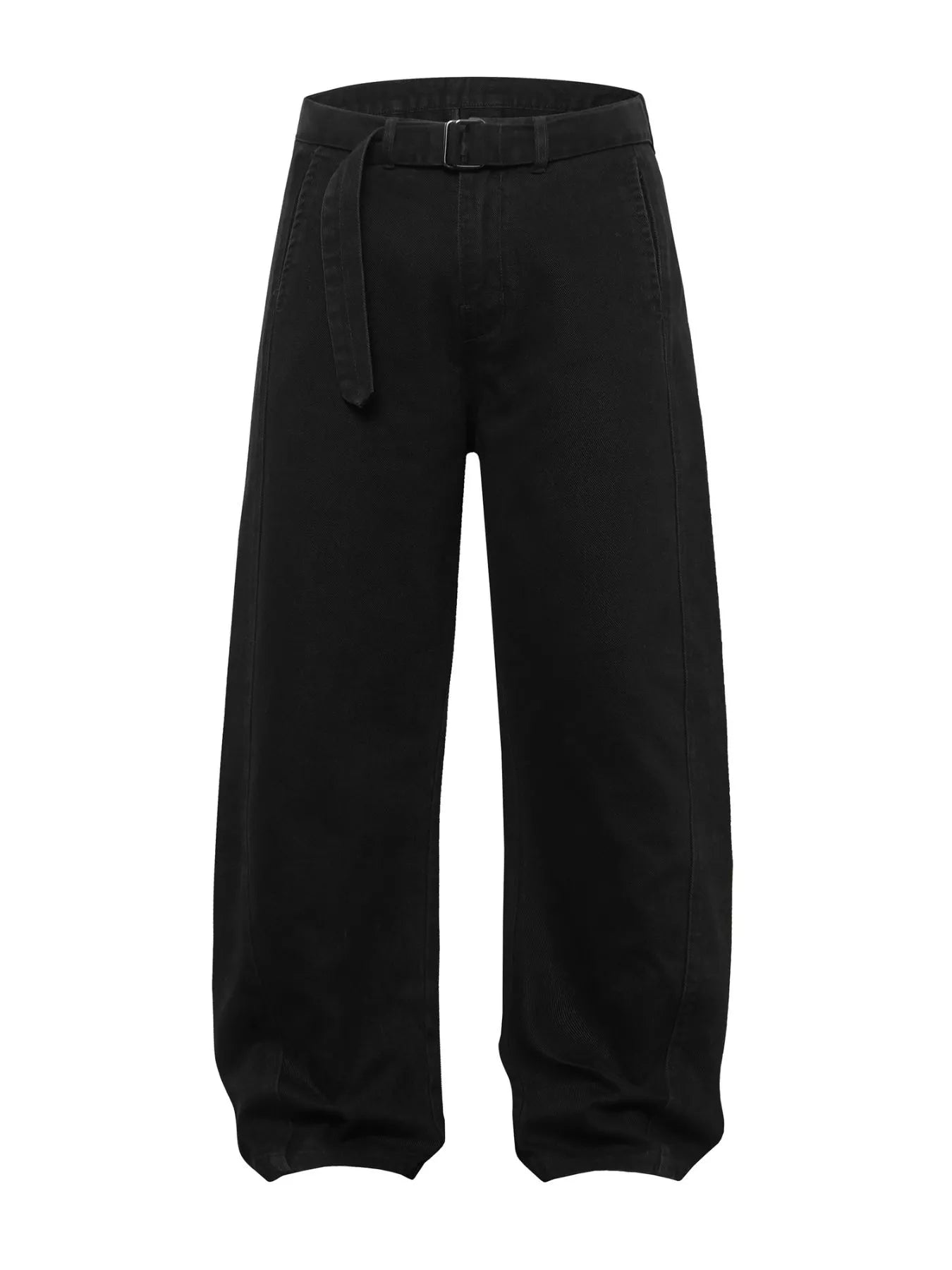 Men's black wide-leg cargo pants with a belt.