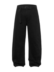 Men's black wide-leg cargo pants with a belt.