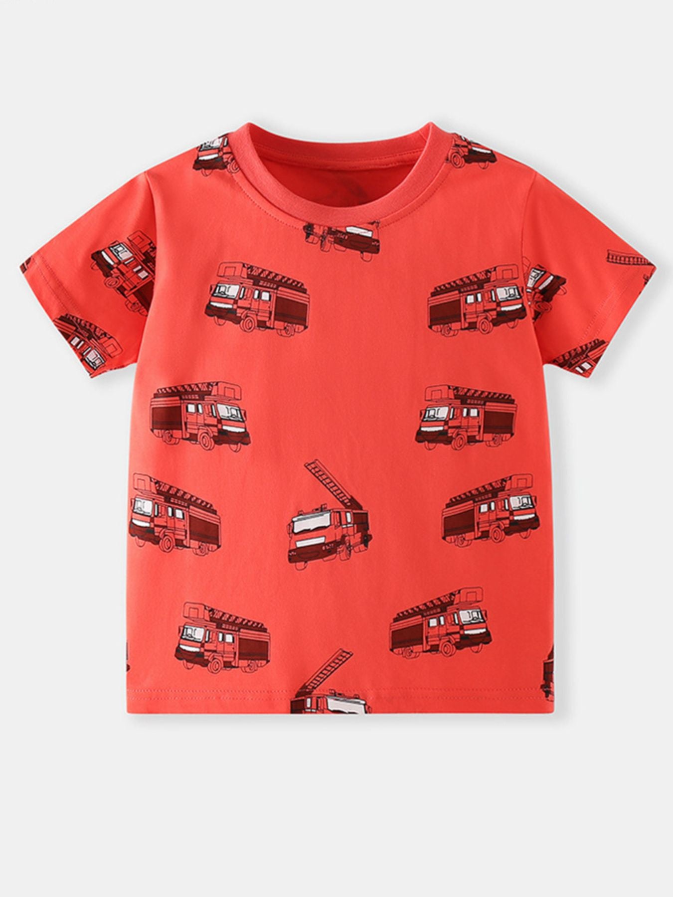 Flat lay front view of red children's T-shirt with repeated fire truck prints