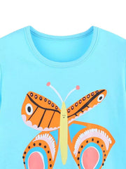 Close-up of the pastel blue children's t-shirt neckline above an orange butterfly
