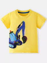 Flat lay front view of a yellow children's tee with a textured blue excavator patch