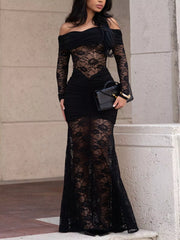 Black off shoulder ruched maxi dress with lace bodice and mermaid skirt, front view