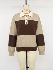 Front view of beige and brown color block polo sweater on a mannequin.