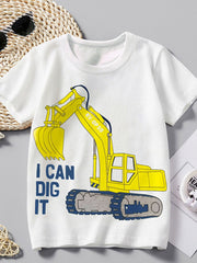 Flat lay front view of white children's tee with a large yellow excavator graphic
