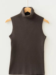 Coffee brown ribbed high neck sweater vest hanging on wooden hanger front view