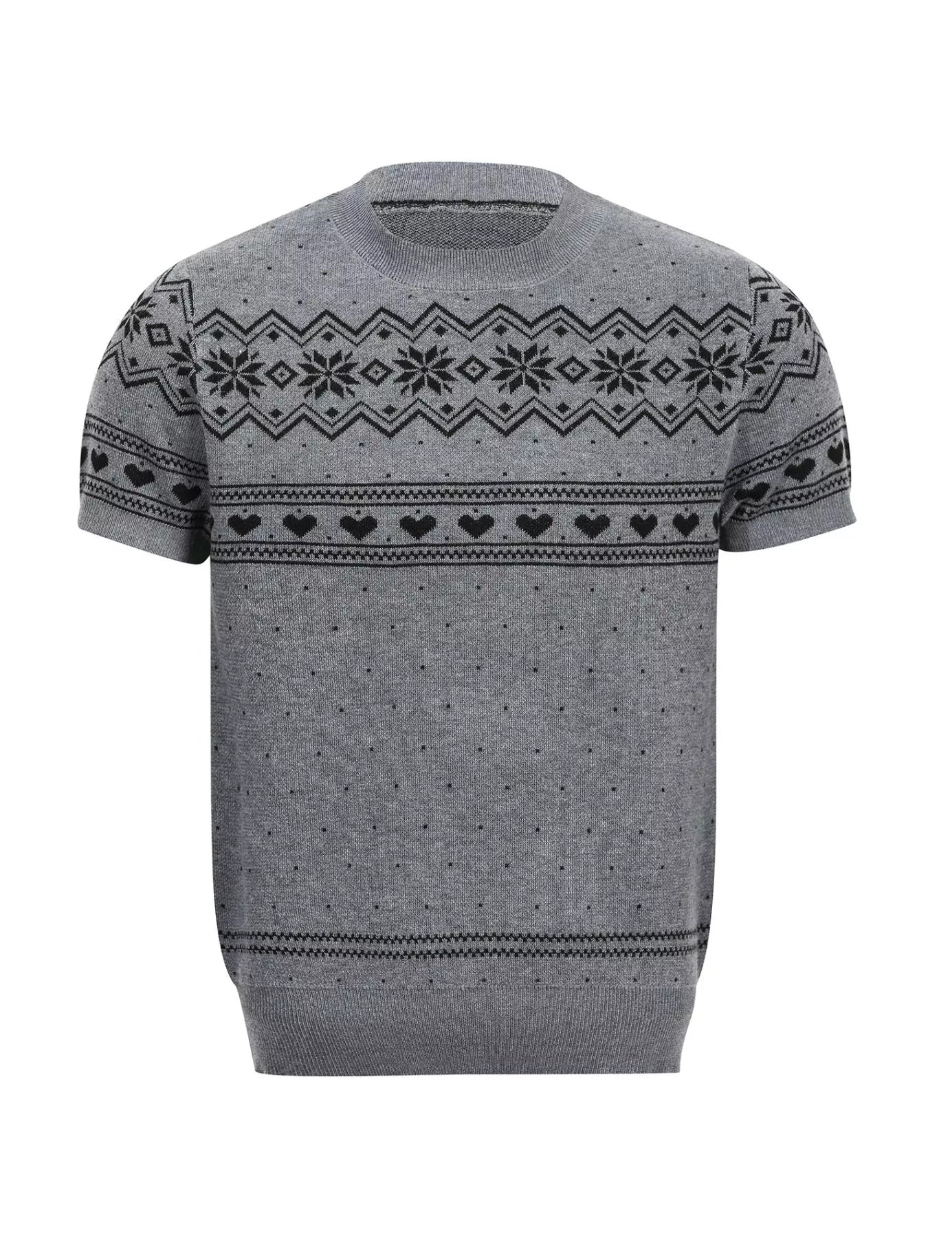Men's short-sleeve knit top with Fair Isle and heart patterns.