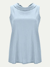 Light blue sleeveless top with a rounded neckline and gently flared hem