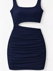 Navy one shoulder cutout ruched bodycon mini dress laid flat showing waist cutout front view
