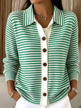 On-model front view of a green and white striped button-down knit cardigan with a collar