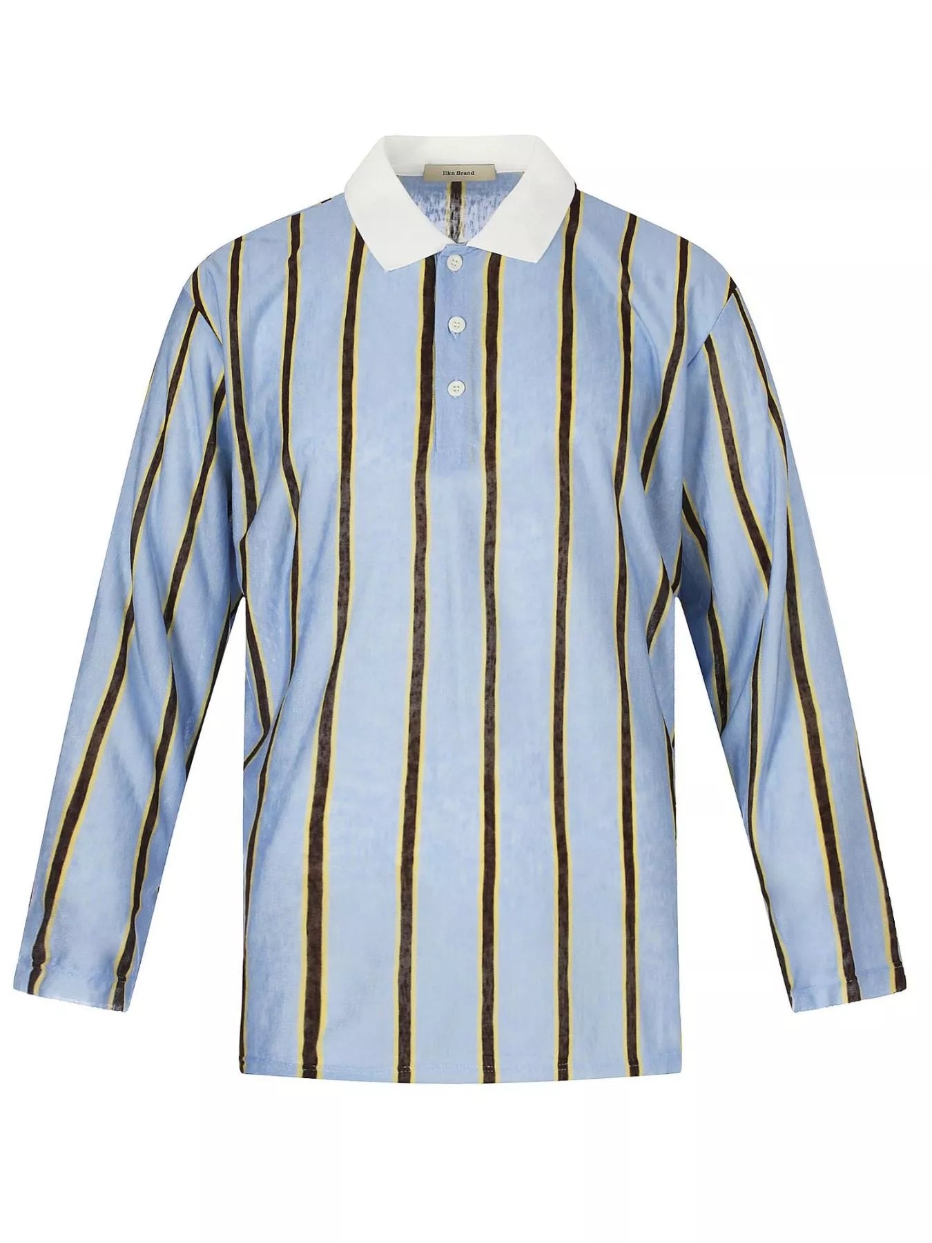 Men's striped long-sleeve polo with a contrast collar and button detailing.