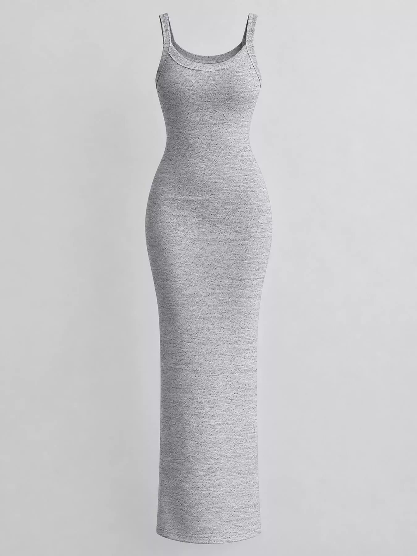 Grey heathered sleeveless bodycon maxi dress displayed flat without a model
