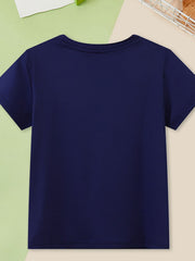 Back view of a plain navy children's short sleeve tee laid flat with a round neckline