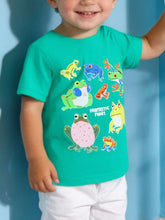 Children's turquoise short-sleeve T-shirt featuring a frog print design.