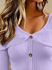 Close up of lavender cold shoulder ribbed knit top neckline with foldover collar and button