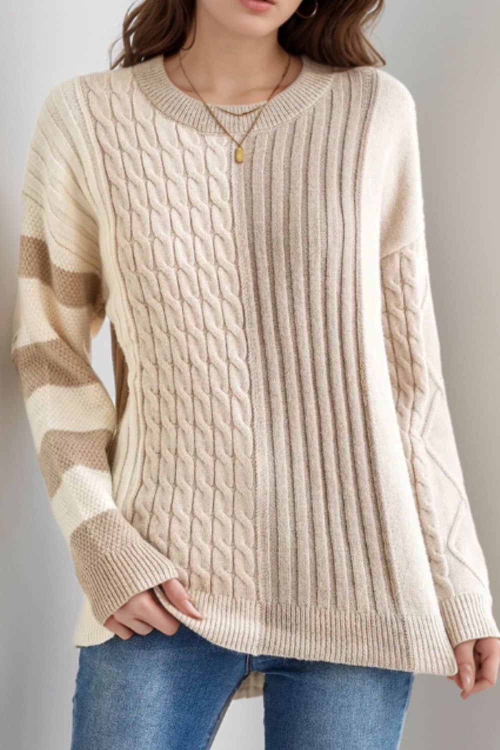 Cable-Knit Color Block Round Neck Sweater Tan / S