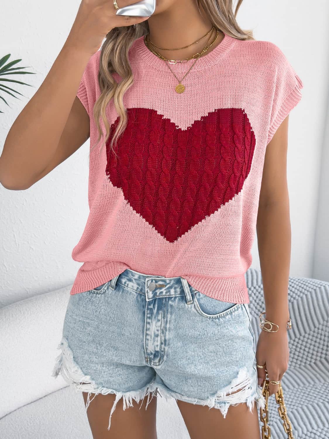 Cable Knit Heart Round Neck Cap Sleeve Knit Top