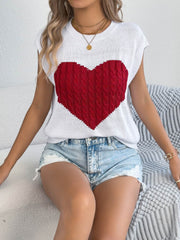 Cable Knit Heart Round Neck Cap Sleeve Knit Top