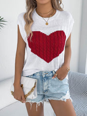 Cable Knit Heart Round Neck Cap Sleeve Knit Top