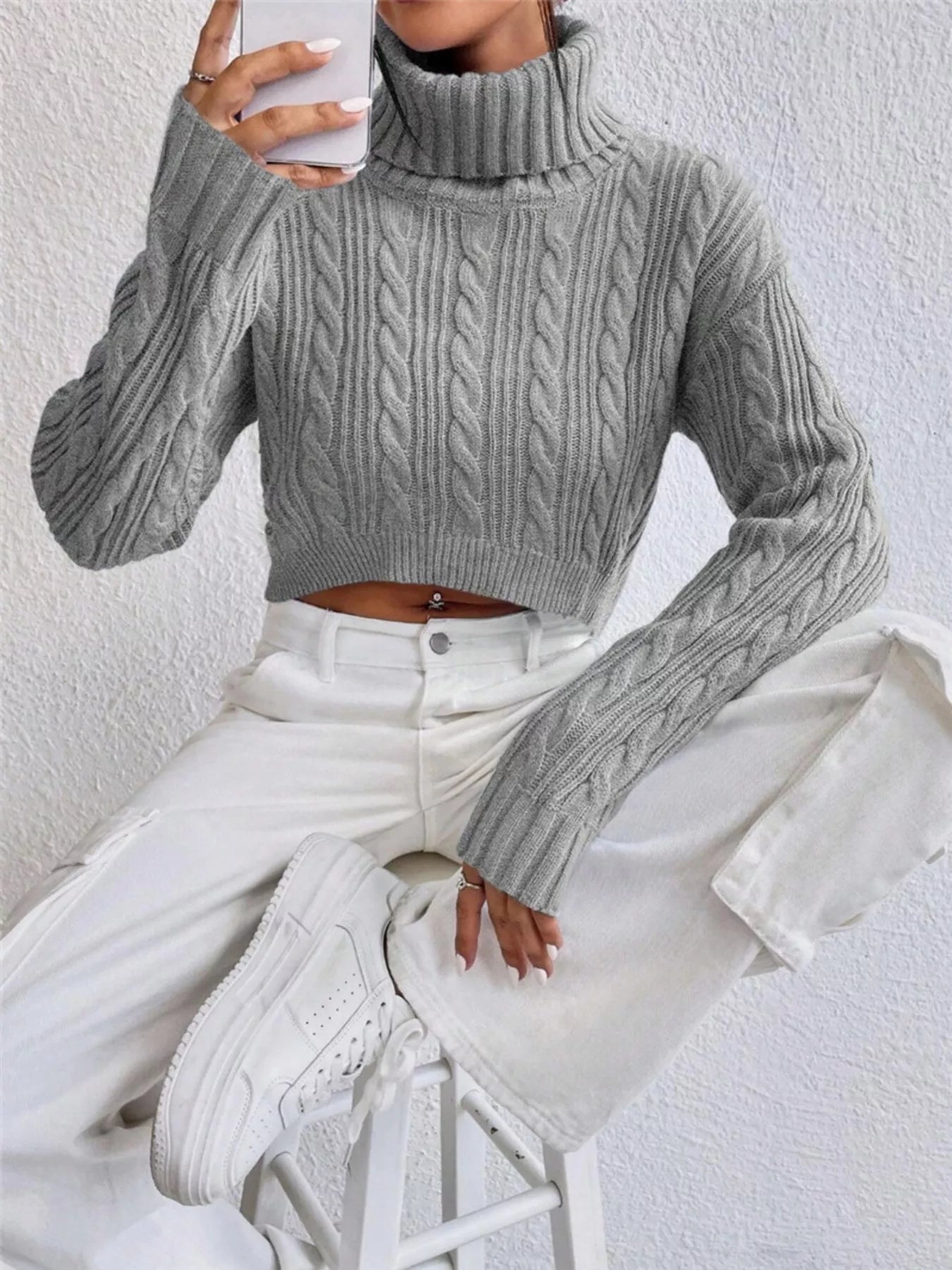 Cable-Knit Turtleneck Long Sleeve Sweater Gray / S