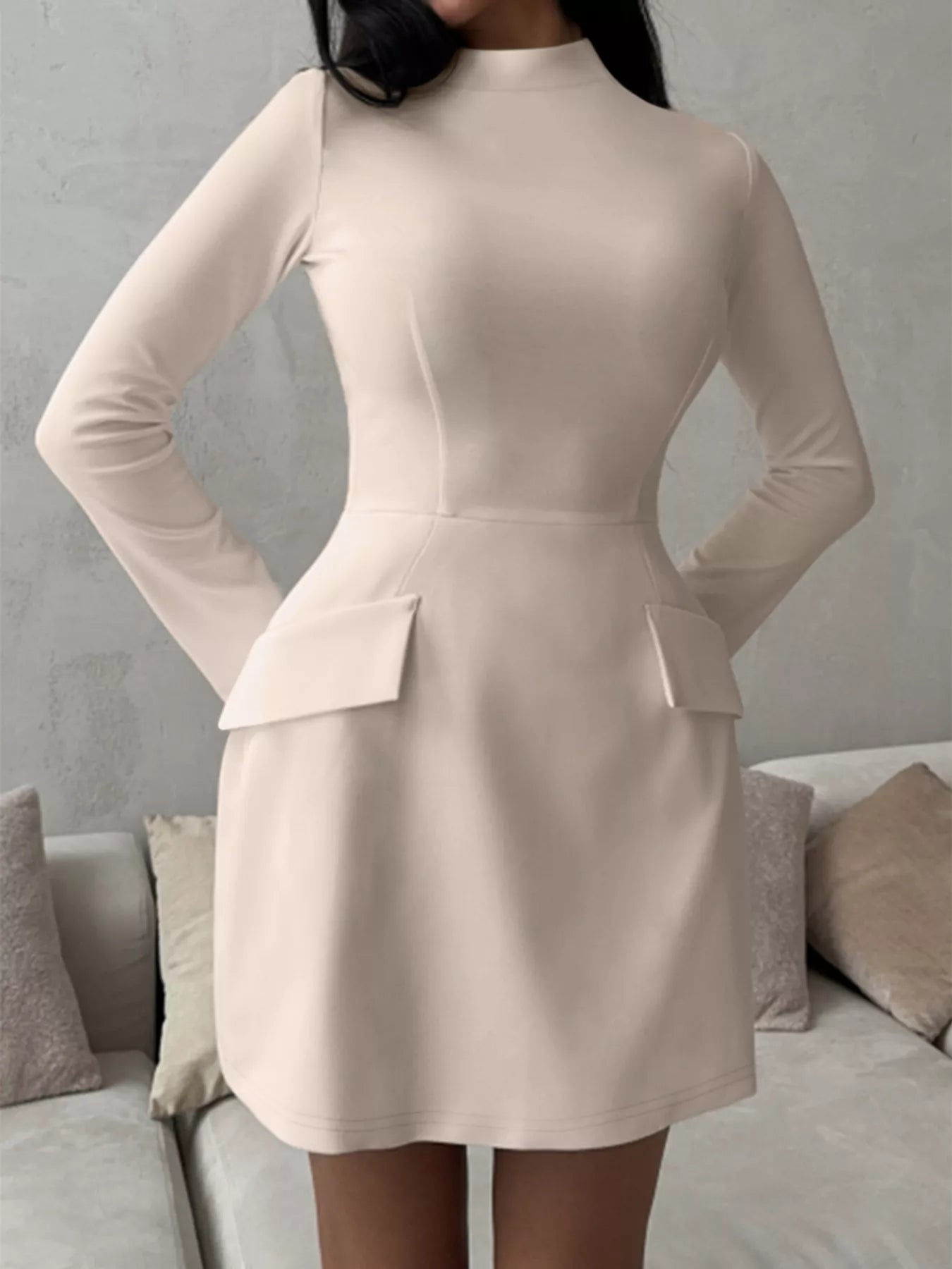 Full front view of a Dust Storm mock neck long sleeve bodycon dress on model