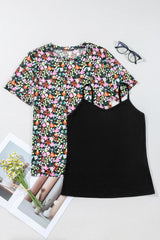 Cami and Sheer Floral Mesh Round Neck Top Set