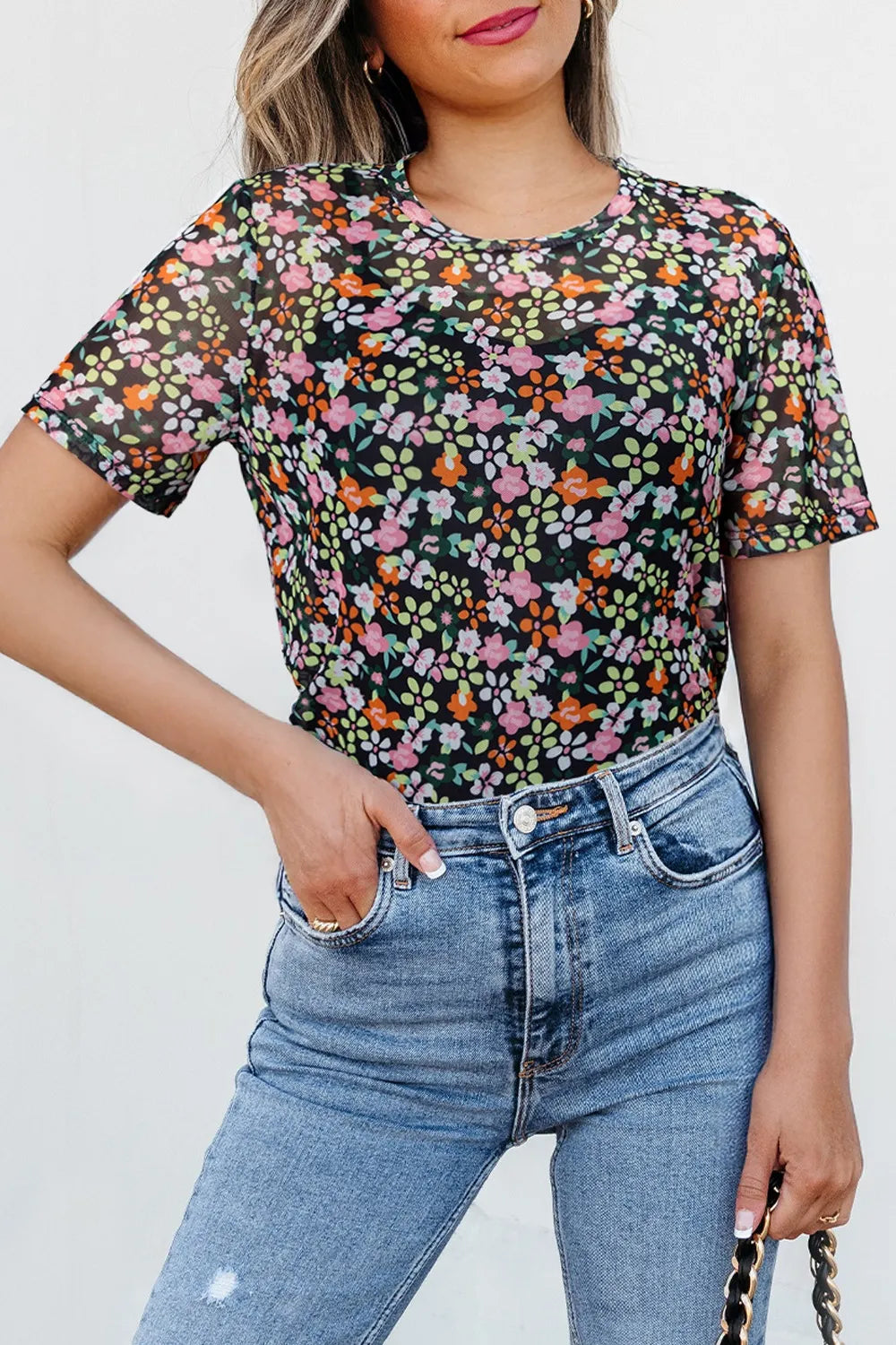 Cami and Sheer Floral Mesh Round Neck Top Set Black / S
