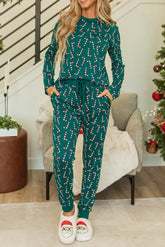 Candy Cane Print Round Neck Top and Pants Lounge Set Deep Teal / S