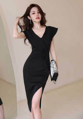 Cap Sleeve V-Neck Ruffle Slit Midi Dress