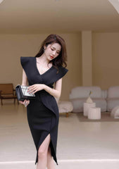 Cap Sleeve V-Neck Ruffle Slit Midi Dress