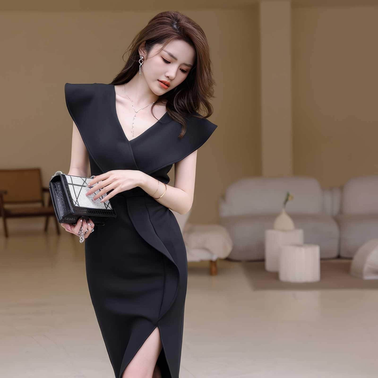 Cap Sleeve V-Neck Ruffle Slit Midi Dress