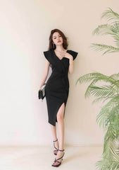 Cap Sleeve V-Neck Ruffle Slit Midi Dress