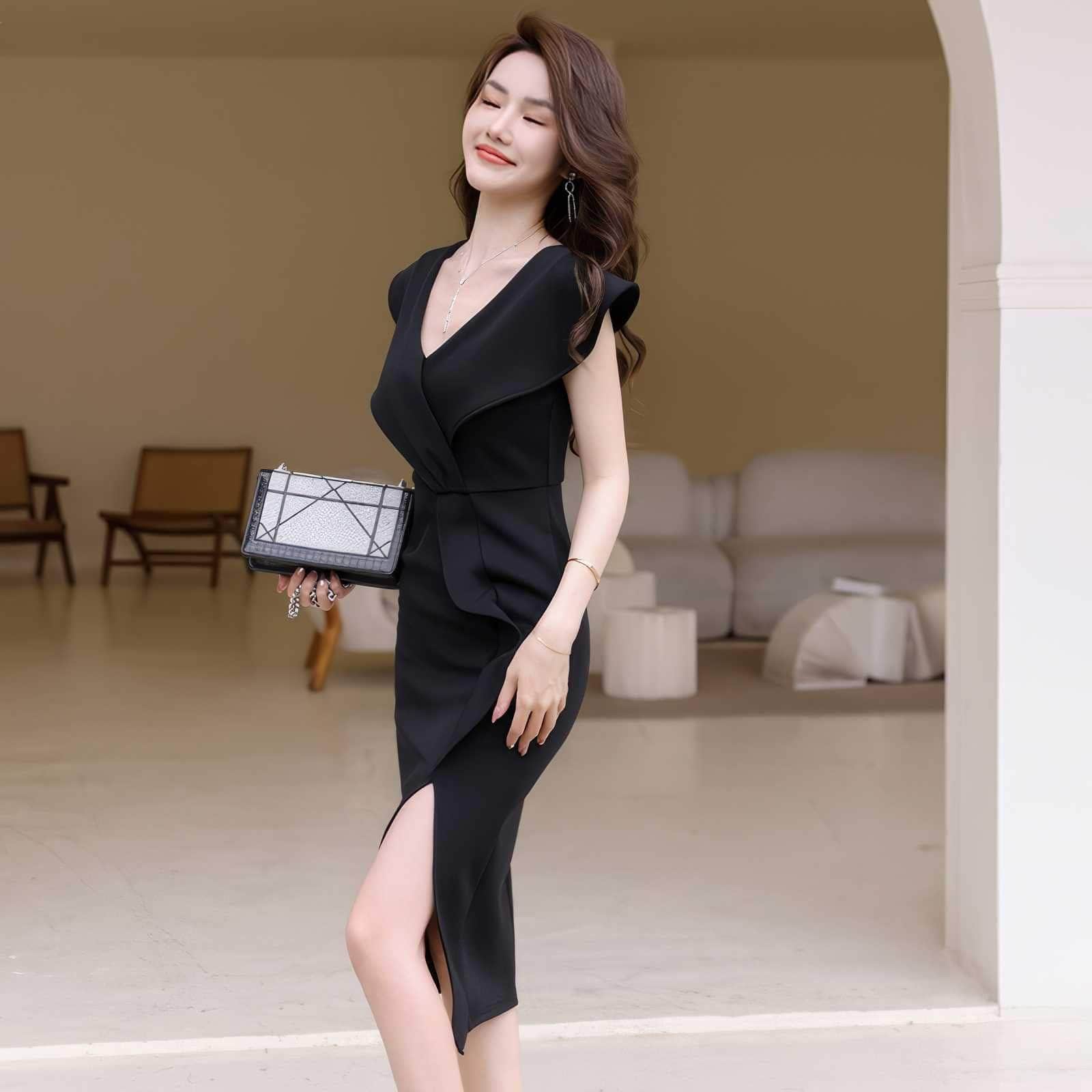 Cap Sleeve V-Neck Ruffle Slit Midi Dress