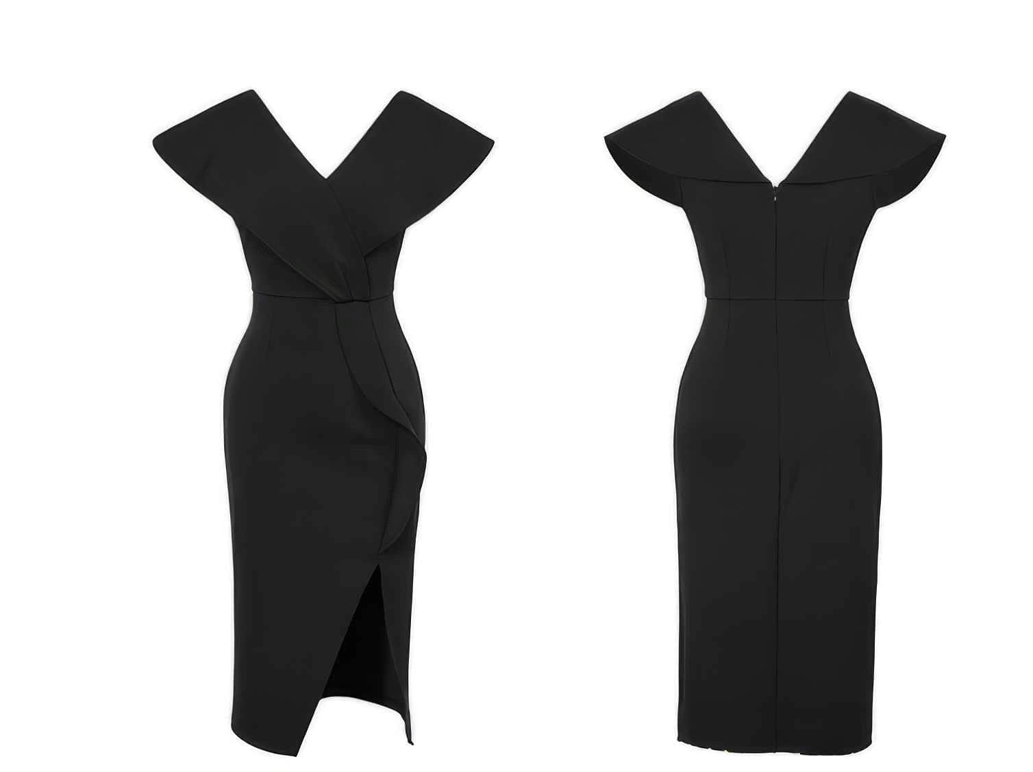 Cap Sleeve V-Neck Ruffle Slit Midi Dress