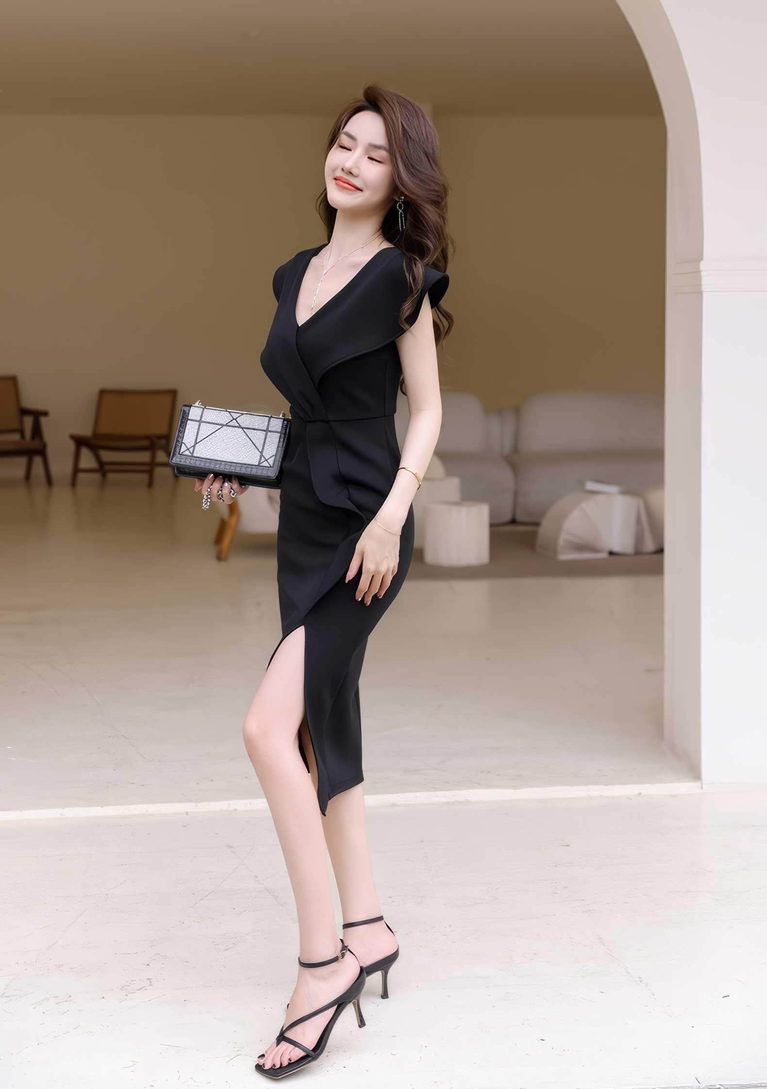 Cap Sleeve V-Neck Ruffle Slit Midi Dress