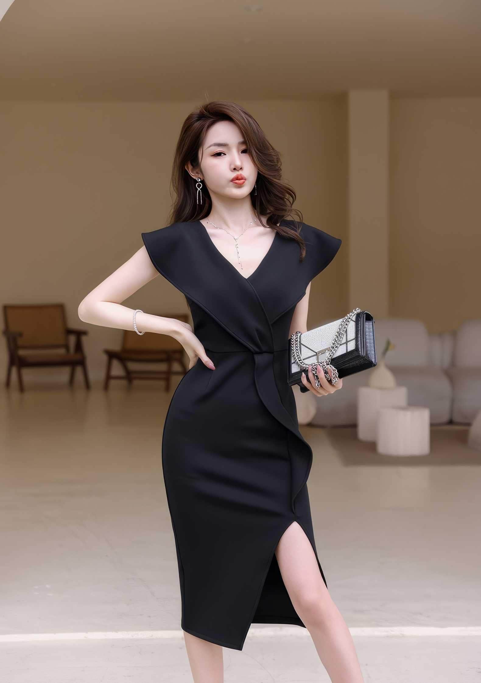 Cap Sleeve V-Neck Ruffle Slit Midi Dress