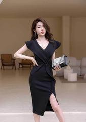 Cap Sleeve V-Neck Ruffle Slit Midi Dress